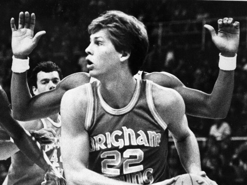 Brigham Young University’s Danny Ainge goes to the basket in a black and white photograph