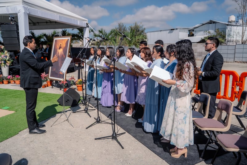 A choir of young adults from Huehuetenango, Guatemala, sings “I Believe in Christ” at the groundbreaking ceremony of the Huehuetenango Guatemala Temple on Saturday, March 14, 2026.