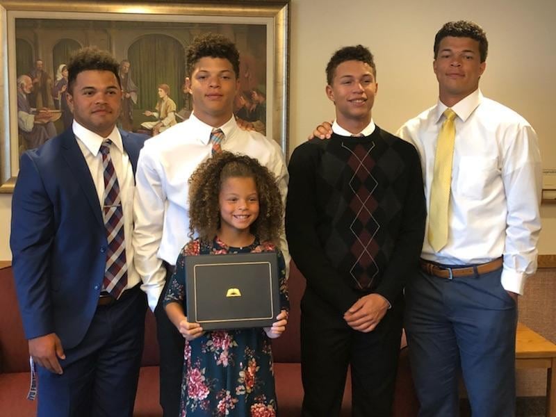 KJ, Dawson, Kyson and Jaren with their only sister Mateya during Dawson's seminary graduation celebration.