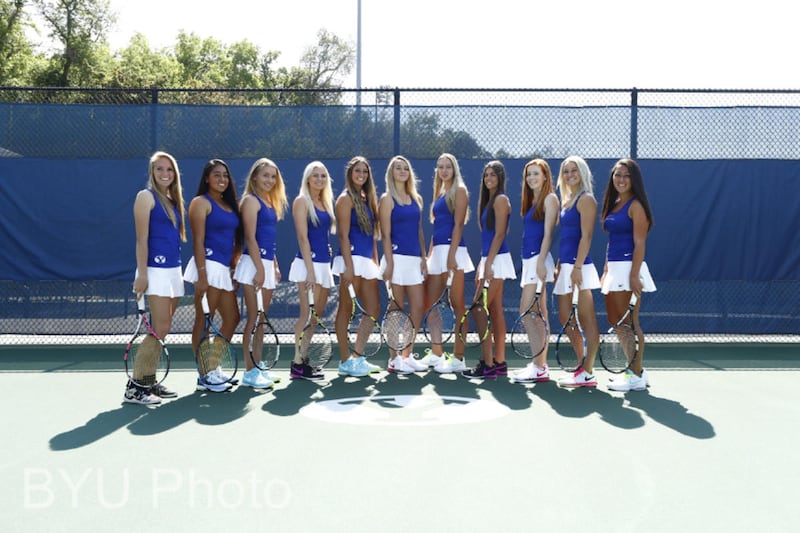 The 2017-18 women's tennis team poses for a photo. The team finished the season 13-8 and fourth in the conference.