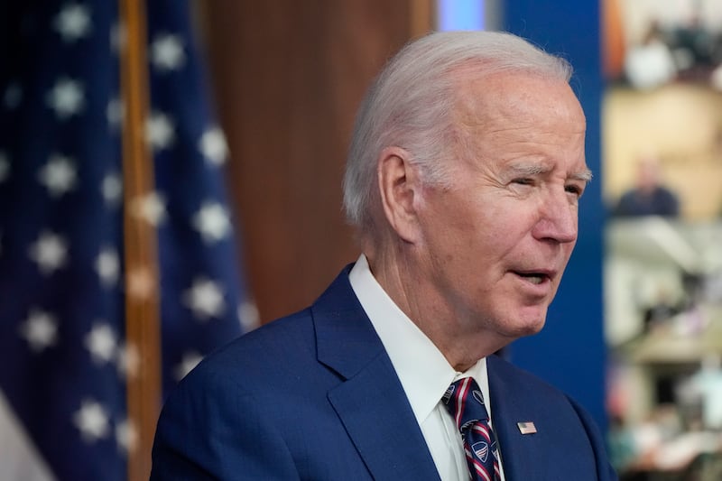 President Joe Biden speaks from the South Court Auditorium of the Eisenhower Executive Office Building on the White House complex.