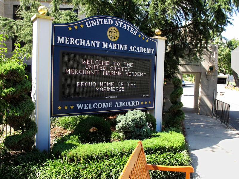 A sign at the entrance to the U.S. Merchant Marine Academy in Kings Point, N.Y., welcomes visitors.