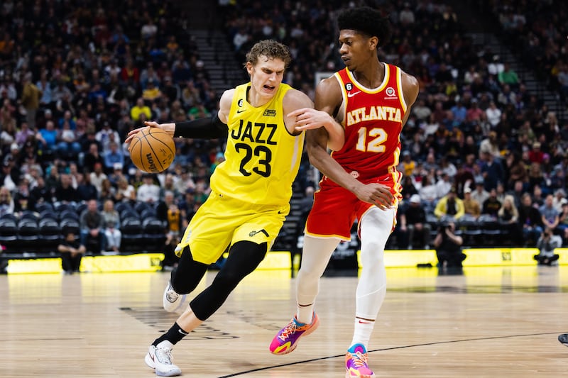 Utah Jazz forward Lauri Markkanen drives during game against Atlanta at Vivint Arena in Salt Lake City, Feb. 3, 2023.