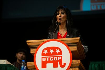 Sylvia Miera-Fisk speaks during the Utah Republican Party convention at the Utah Valley University UCCU Center in Orem on Saturday, May 4, 2019. Miera-Fisk ran for the position of party chairwoman.