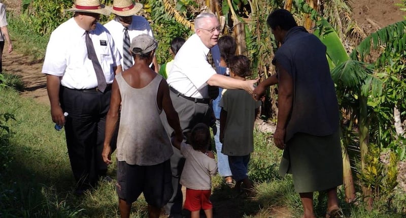 Elder F. Michael Watson of the LDS Church First Quorum of the Seventy visits Samoa to observe church response to severe damage in the wake of Cyclone Evan.