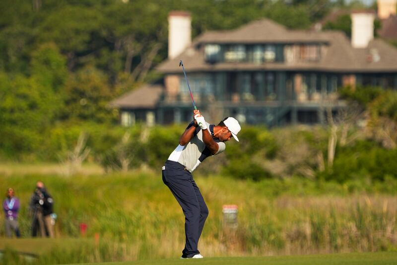 Tony Finau hits shot during the second round of the PGA Championship on the Ocean Course, May 21, 2021, in Kiawah Island, S.C.