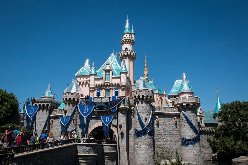 Sleeping Beauty\'s Castle decorated for the Diamond Celebration at Disneyland that begins on May 22.