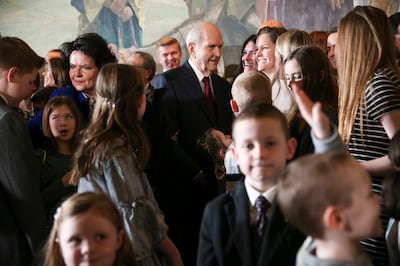 LDS Church President Russell M. Nelson talks with family members after a press conference at the Church Office Building in Salt Lake City on Tuesday, Jan. 16, 2018.