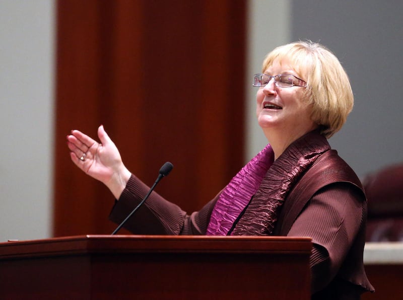 Justice Christine M. Durham speaks at her retirement celebration in the Utah Supreme Courtroom at the Scott M. Matheson Courthouse in Salt Lake City on Monday, Nov. 13, 2017.