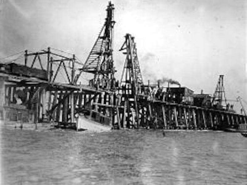 Great Salt Lake - Lucin Cutoff - View of preparations to drive the last pile in the lake trestle portion of the Lucin cut-off across