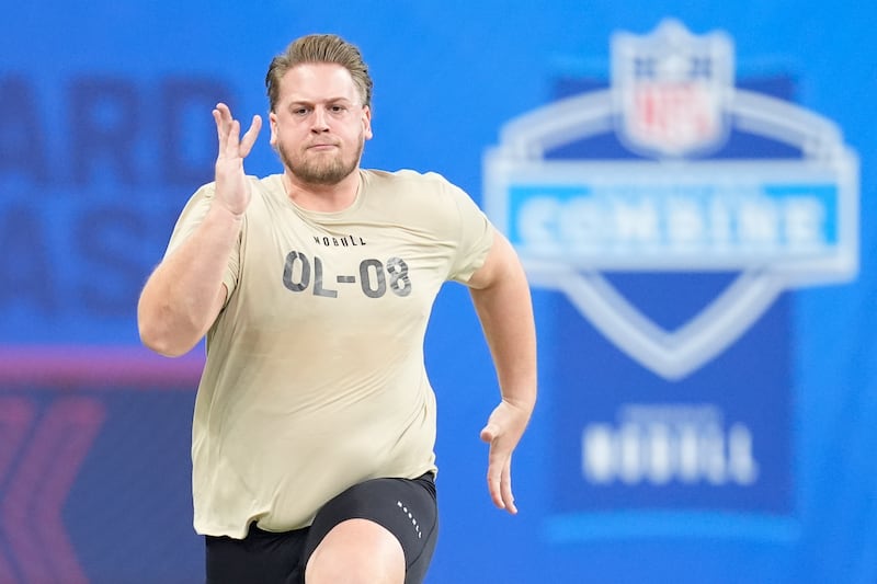 Utah offensive lineman Keaton Bills runs the 40-yard dash at the NFL Scouting Combine, Sunday, March 3, 2024, in Indianapolis.