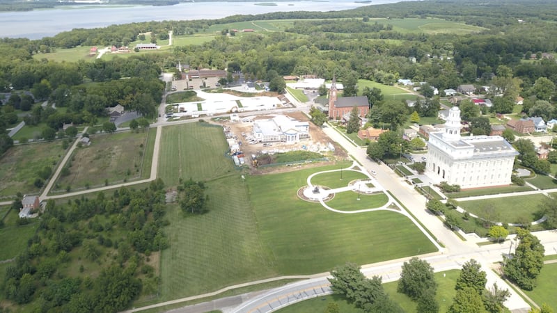 An aerial view of historic Nauvoo, Illinois shows the Nauvoo Illinois Temple and the new Nauvoo Temple Visitors' Center.