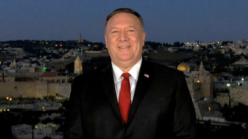 In this image from video, Secretary of State Mike Pompeo speaks from Jerusalem during the second night of the Republican National Convention on Tuesday, Aug. 25, 2020.