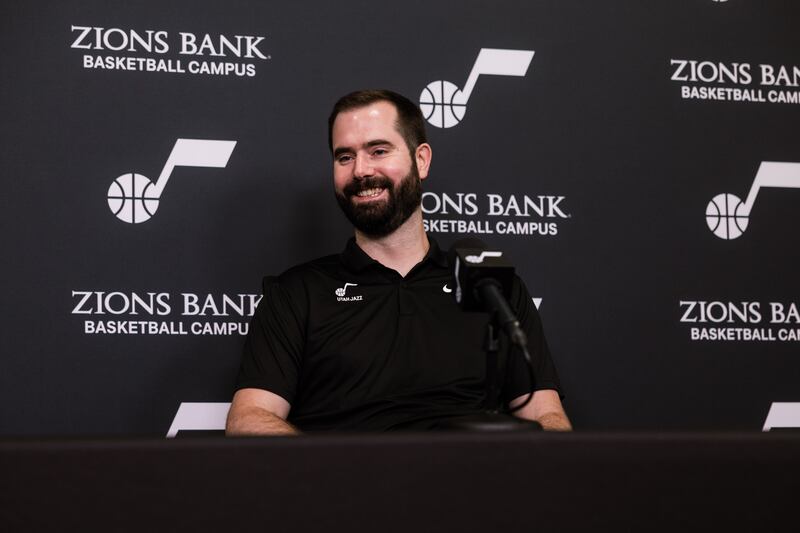 Utah Jazz vice president of player personnel Bart Taylor fields questions at Zions Bank Basketball Campus, June 21, 2023.