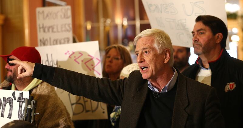 FILE - Former Salt Lake City Mayor Rocky Andersonon leads a protest for more homeless shelter space for those exposed to the cold of winter, at the City and County building in Salt Lake City on Friday, Dec. 9, 2016.
