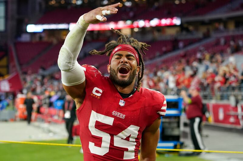 San Francisco 49ers linebacker Fred Warner celebrates after defeating the Arizona Cardinals on Dec. 17.
