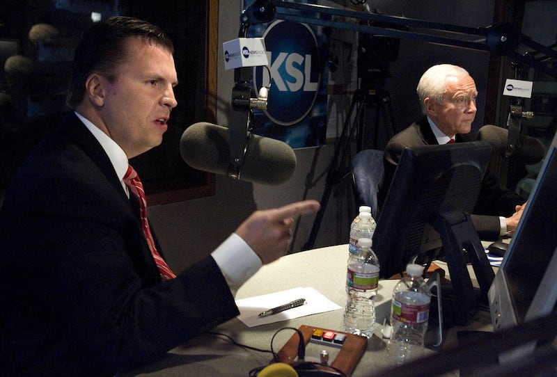 Dan Liljenquist and Utah Sen. Orrin Hatch participate in a debate at KSL in Salt Lake City, Utah, on Friday, June 15, 2012. A recent poll shows Sen. Hatch having a significant lead over his opponent in Tuesday's GOP primary election.