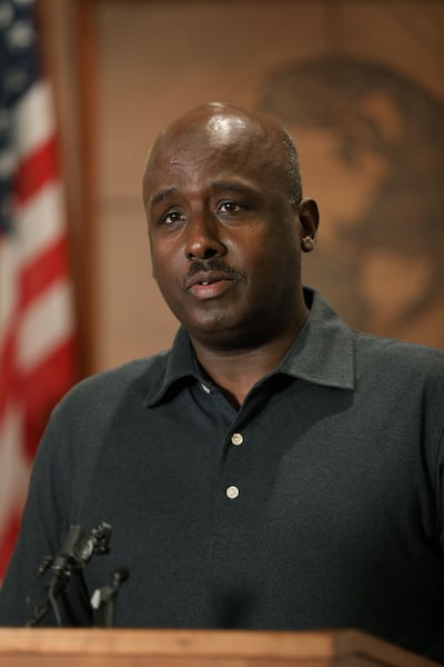 Aden Batar, immigration and refugee resettlement director, Catholic Community Services, speaks about the current refugee crisis and how it’s impacting refugees in Utah at a press conference at the Refugee Justice League in Murray on Thursday, July 25, 201