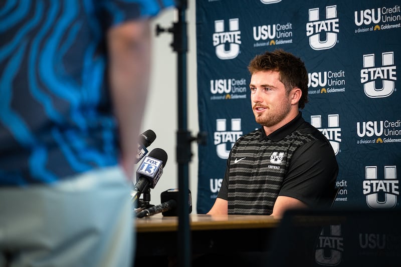 Utah State QB McCae Hillstead answers questions during media day Tuesday, Aug. 4, 2026, in Logan.
