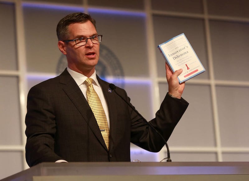Spencer Eccles, executive director of the Governor's Office of Economic Development, talks at the Governor's Utah Economic Summit at the Grand America Hotel in Salt Lake City on Thursday, April 3, 2014.