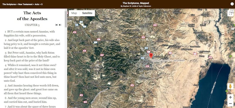 This screenshot shows the locations of events in Acts 5 on  scriptures.byu.edu/mapscrip/.