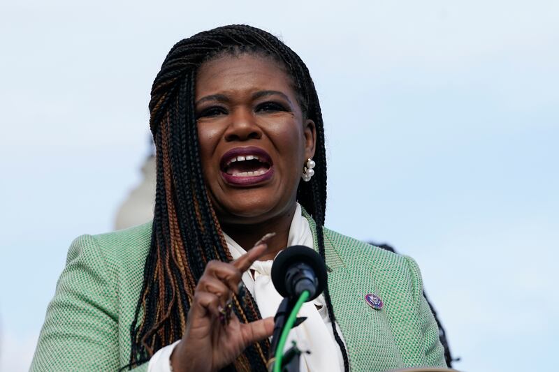 Rep. Cori Bush, D-Mo., speaks during a news conference on Dec. 8, 2022, on Capitol Hill in Washington.