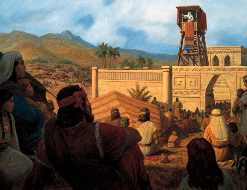 Before he died, King Benjamin gathered his people to the temple to speak to them. Speaking from a tower, he taught his people to serve one another and to keep the commandments. He spoke about Jesus Christ, who would suffer and die for the sins of all and