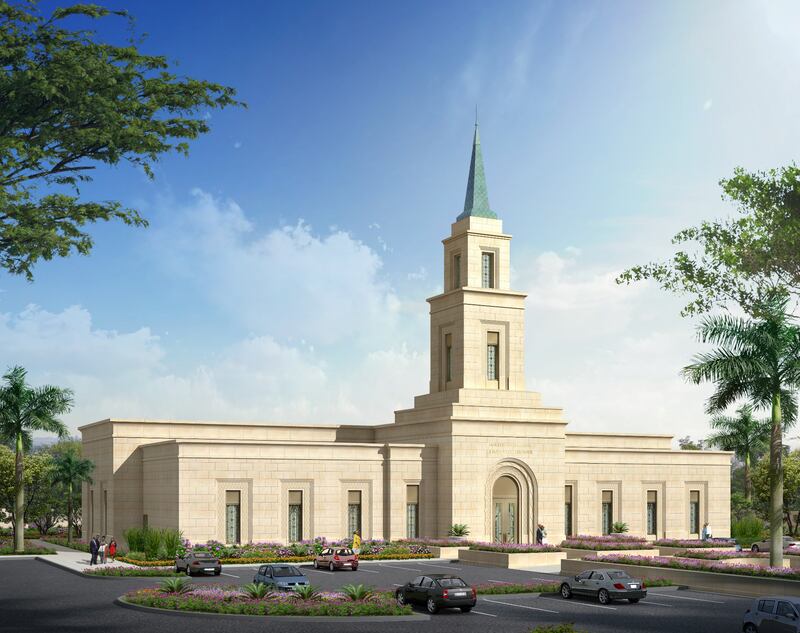 An exterior rendering of the Lubumbashi Democratic Republic of the Congo Temple.