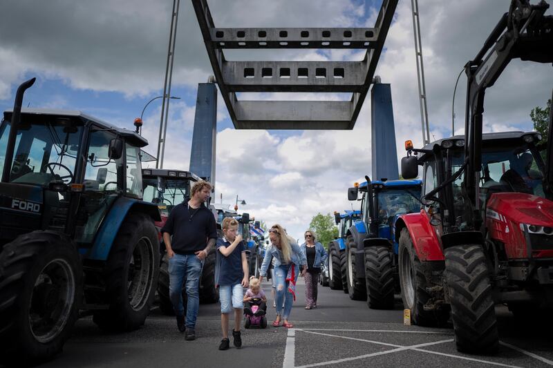 Protesting farmers block a drawbridge at a lock in the Princess Margriet Canal in Gaarkeuken, northern Netherlands.