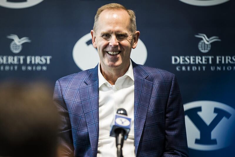 BYU athletic director Tom Holmoe meets with reporters for his semiannual media Q&A roundtable in Provo on Wednesday, Jan. 24, 2018.