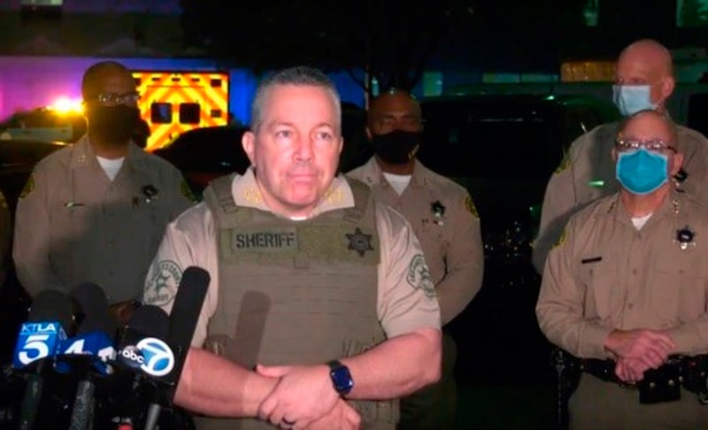 This Saturday, Sept. 12, 2020, still image taken from video released by the Los Angeles County Sheriff’s Department, shows Los Angeles Sheriff Alex Villanueva taking questions at a late-night news conference about the condition of two Sheriff’s deputies in Compton, Calif.