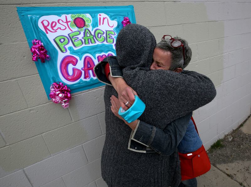 Renee LaGrant and Karey Parker embrace at a vigil for Cami Shepherd in West Valley City on Monday, April 16, 2018.