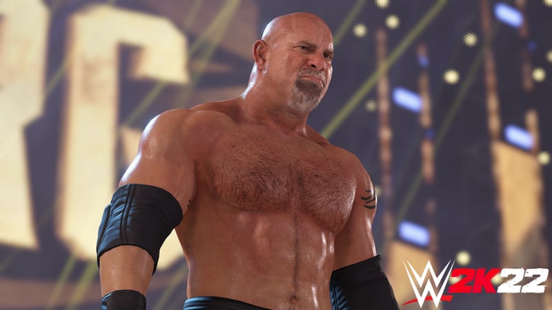 Pro wrestler Goldberg as seen in a WWE 2K22 screenshot.