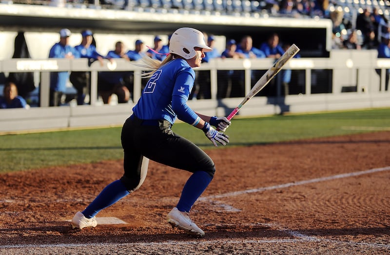 BYU's Rylee Jensen looks to run after a hit as BYU and Utah play in a softball game at BYU in Provo on Wednesday, May 1, 2019.