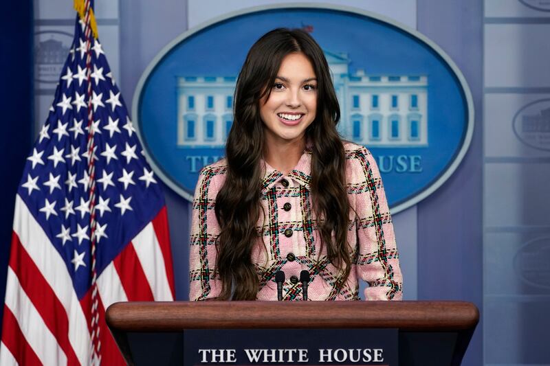 Teen pop star Olivia Rodrigo speaks at the White House.