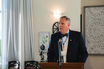 Retired U.S. Magistrate Judge Paul Warner speaks at the 50th reunion of the BYU law school’s charter class on Aug. 26, 2023.