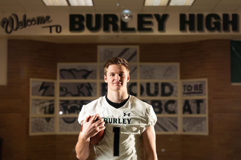 Gatlin Bair poses for a portrait at Burley High School in Burley on Thursday, Jan. 25, 2024. Bair is a young football star who has decided to serve a Latter-day Saint mission before continuing his athletic career.
