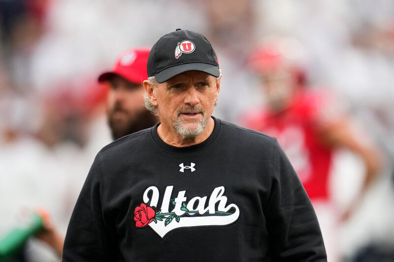 Utah coach Kyle Whittingham watches during warmups before Rose Bowl game vs. Penn State, Jan. 2, 2023, in Pasadena, Calif.
