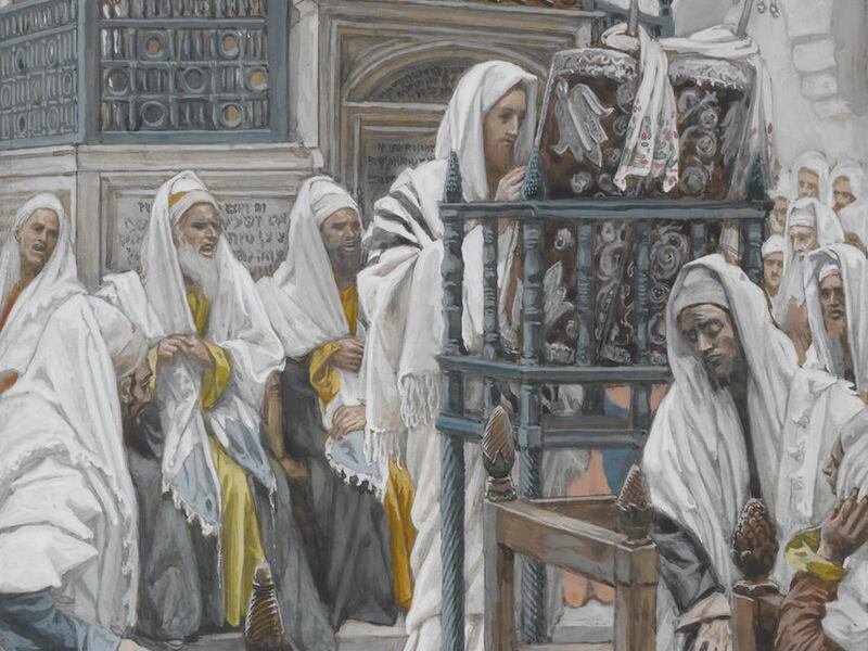 Jesus Unrolls the Book in the Synagogue (Jesus dans la synagogue deroule le livre) is by French artist James Tissot (1836-1902). It's opaque watercolor over graphite on gray woven paper.