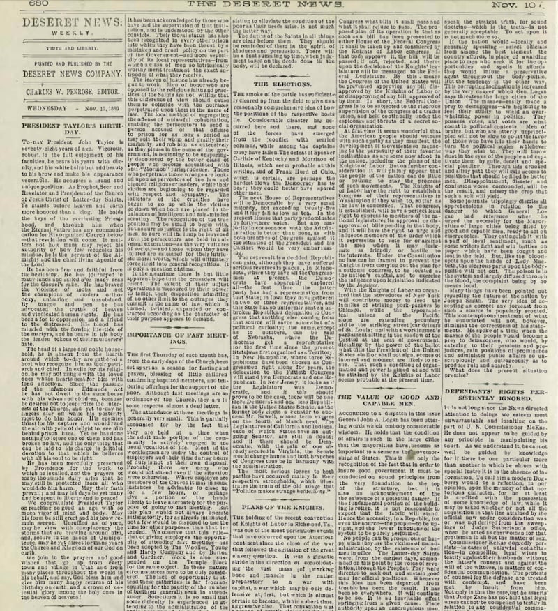 A Deseret News editorial honored John Taylor on his 78th birthday in 1886.