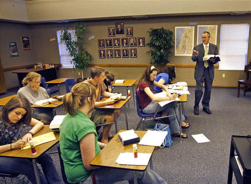 Donald D. Davis, principal and teacher at Granite LDS Seminary, teaches a class May 29.