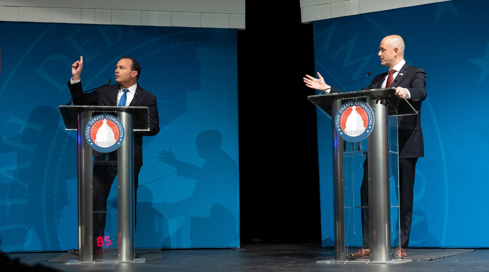 Sen. Mike Lee, R-Utah, and Evan McMullin, U.S. Senate candidate, debate at Utah Valley University on Oct. 17, 2022.