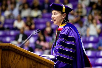 Weber State University President Brad L. Mortensen speaks at the school's commencement at the Dee Events Center in Ogden on Friday, April 26, 2019.