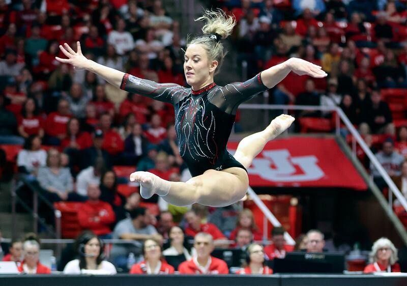 Utah’s Jaylene Gilstrap does her floor routine at the Huntsman Center in Salt Lake City on Feb. 2, 2024.