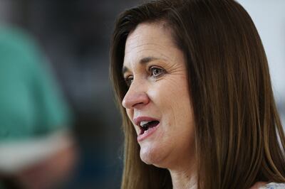 U.S. Senate candidate Jenny Wilson talks with students at Weber State University in Ogden on Wednesday, Oct. 3, 2018.