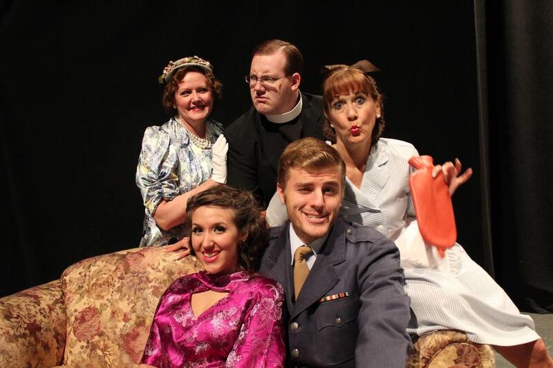 The cast of CenterPoint Legacy Theatre's production of "See How They Run" includes (from left) Jane Huefner as Miss Skillon, Katie Plott as Penelope Toop, Christopher Kucera as the Rev. Lionel Toop, Trenton Kracek as Cpl. Clive Winton and Carol Thomas as