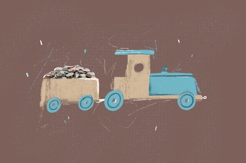 A train pulls a car full of coins for investing in a retirement savings account.