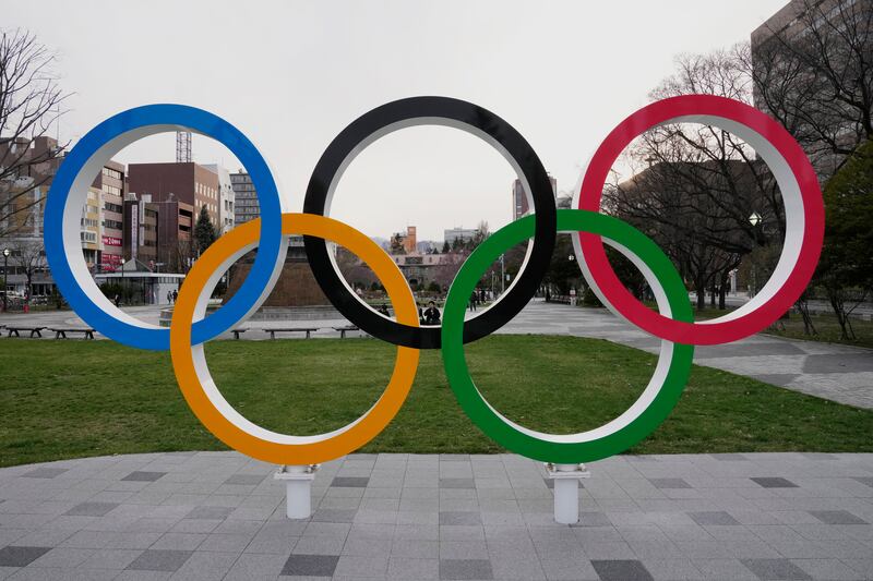 The Olympic rings are displayed in Sapporo, northern Japan, Saturday, April 15, 2023.