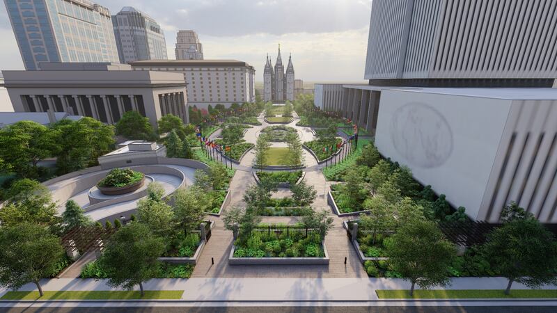 A rendering of the new Church Office Building plaza, which will feature more trees in a way that reduces water consumption.