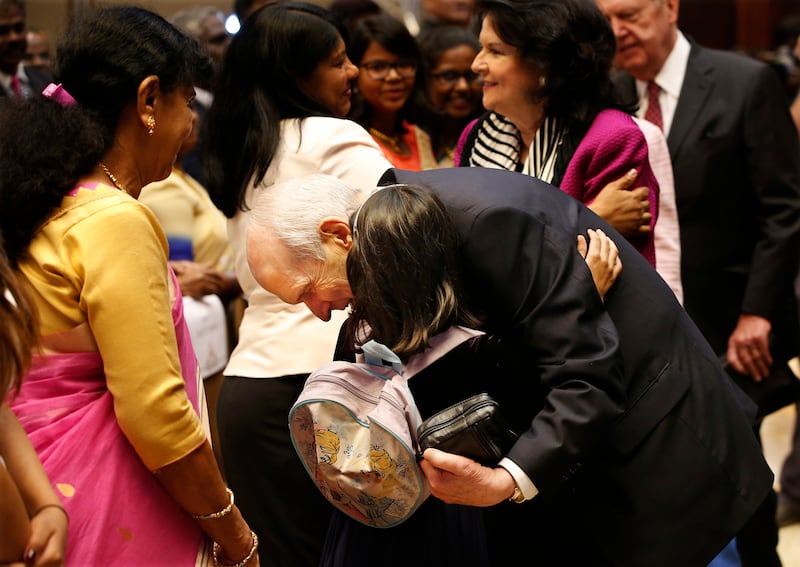 LDS Church President Russell M. Nelson hugs Roseanne William after the devotional in Bangaluru, India, on Thursday, April 19, 2018.
